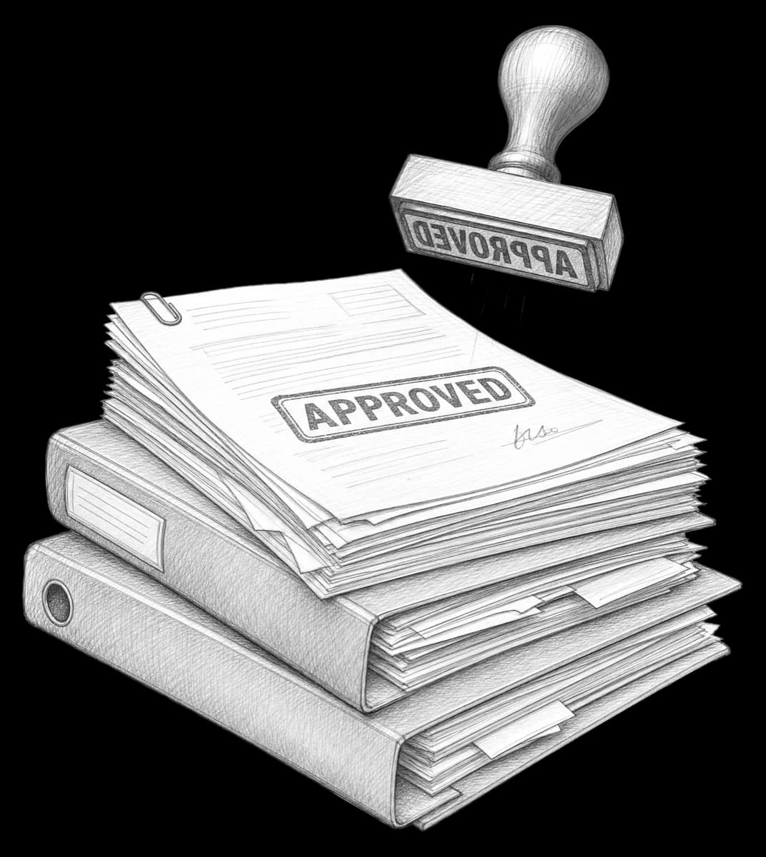 Pencil sketch of a stamp approving a stack of filed documents